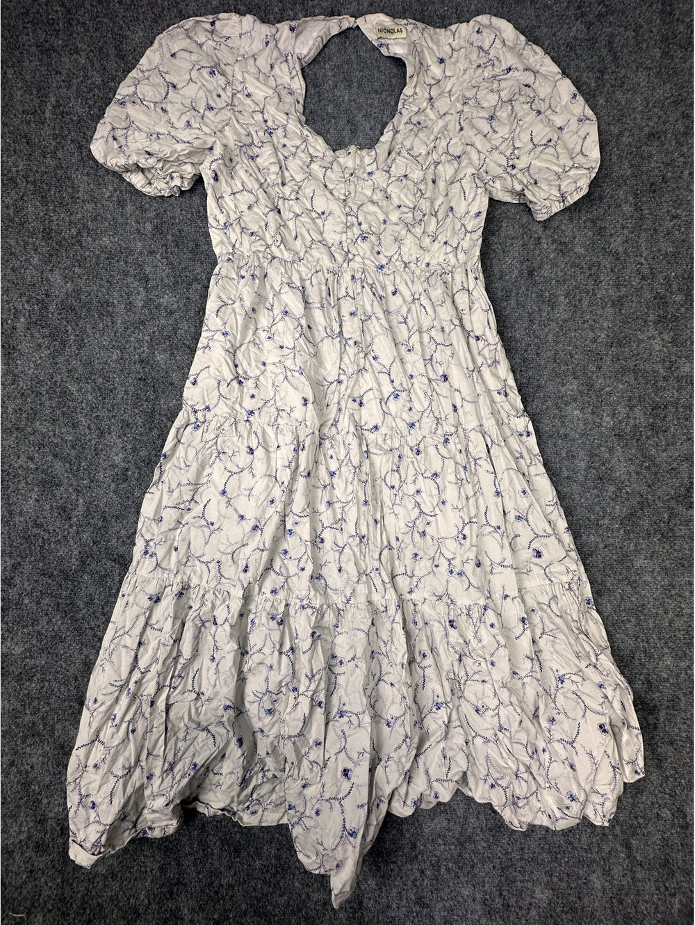 Nicholas White and Blue Floral Puff Sleeve Midi Dress